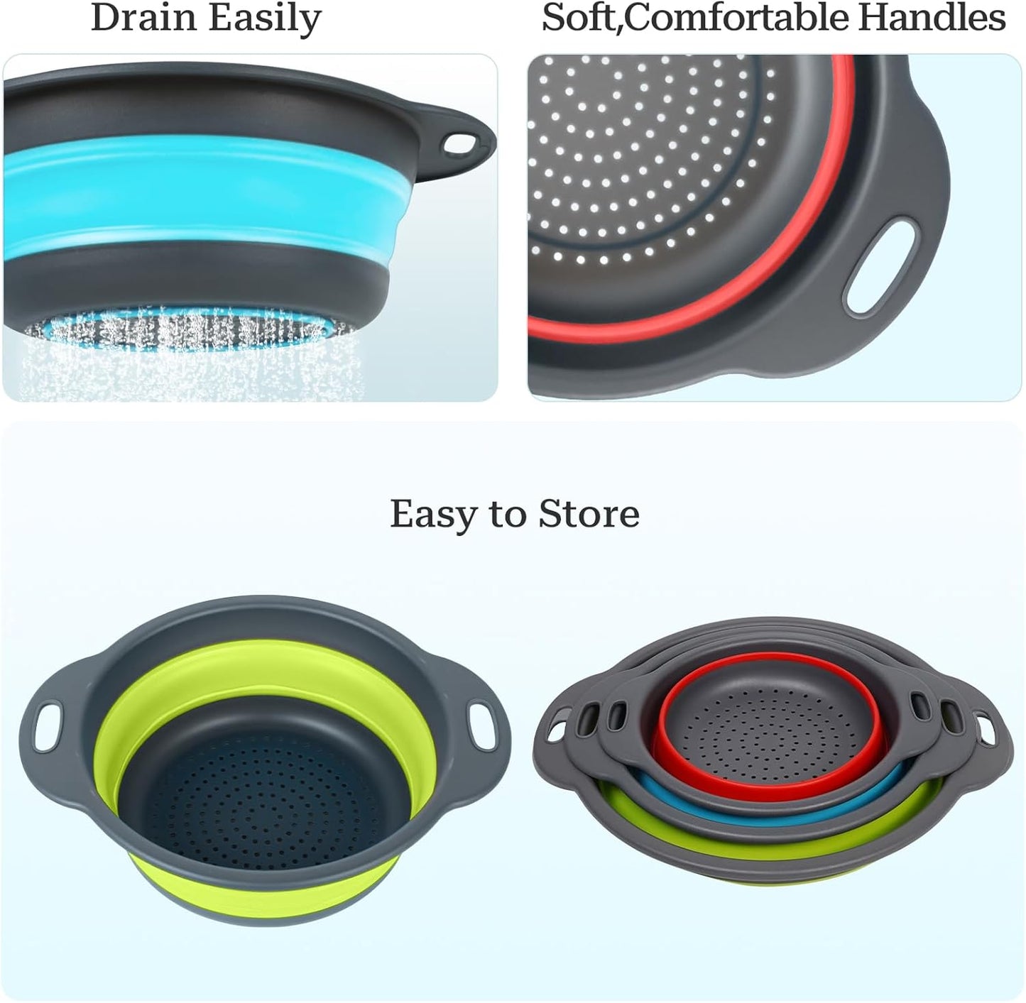 Collapsible Colander 3-Pack Set Space-Saving Foldable Kitchen Strainer with Non-Slip Base Durable Thickened PP+TPE Collapsible Strainers for Pasta, Vegetables, Fruits (Gray-Blue-Red-Green)