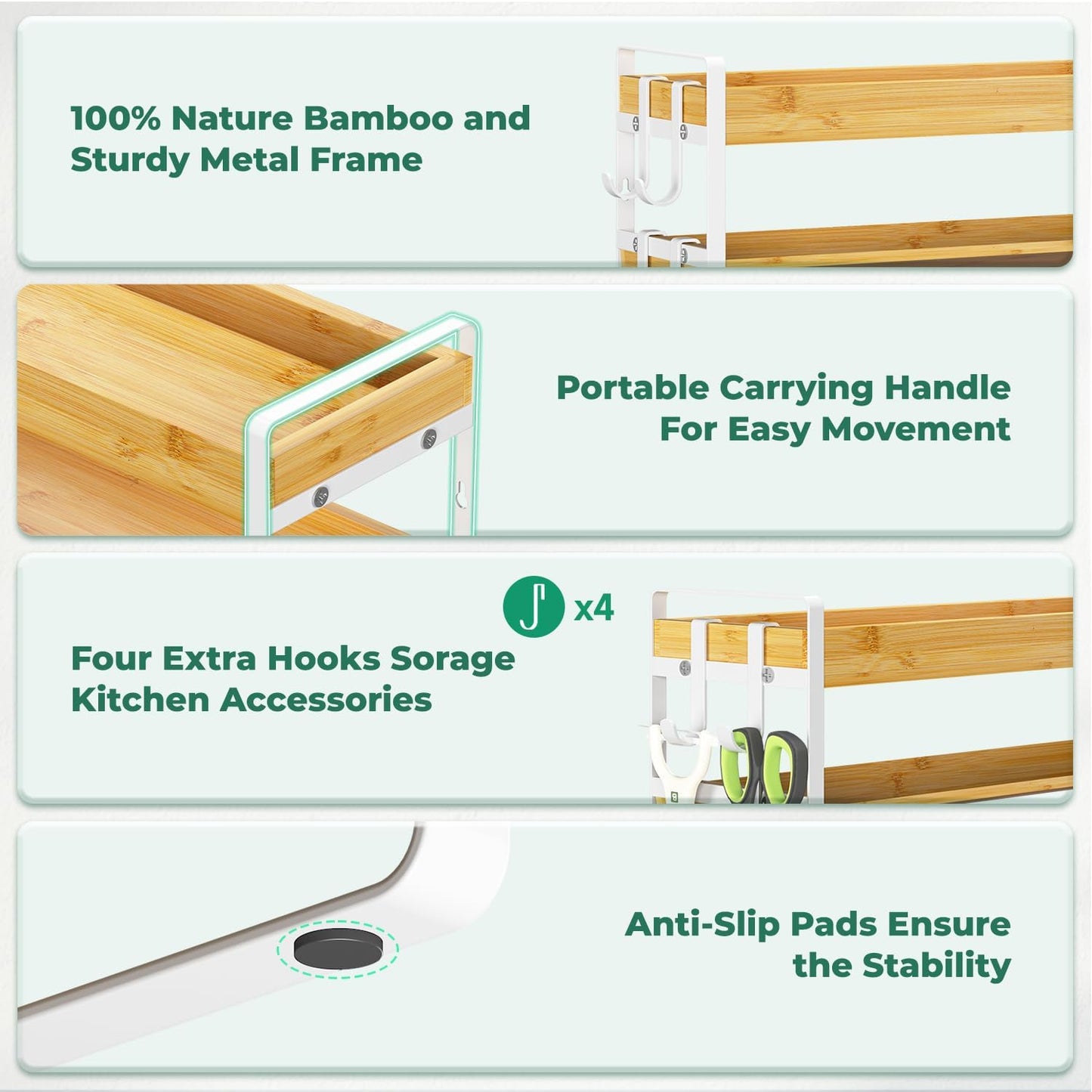 EsLuker.ly Spice Seasoning Rack Organizer Kitchen Countertop, 4 Tier Bamboo Spice Shelf Holder Storage with 4 Hooks, Wall Mounted Freestanding Stand for Pantry, Bamboo-White(Jars Not Included)