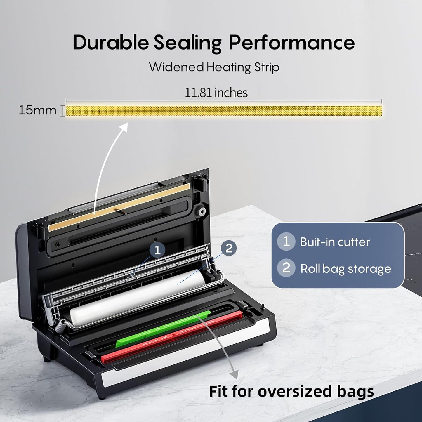 Fully Automatic Vacuum Sealer, 95Kpa Powerful Food Vacuum Sealer Machine, Auto Dry-Wet Detection | Bag Cutter | 2 Rolls Bags & 100 Pcs Precut Bags | Effortless Operation, Silver - Black