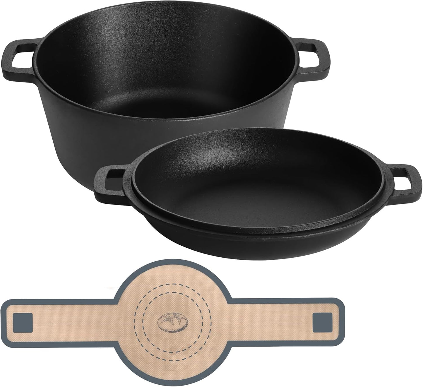 E-far Pre-Seasoned Cast Iron Dutch Oven, 5 Quart 2 in 1 Dutch Oven Pot with Skillet Lid and Silicone Bread Sling, Ideal for Bread Baking, Cooking, Stewing, Frying, Induction & Oven Safe - Black