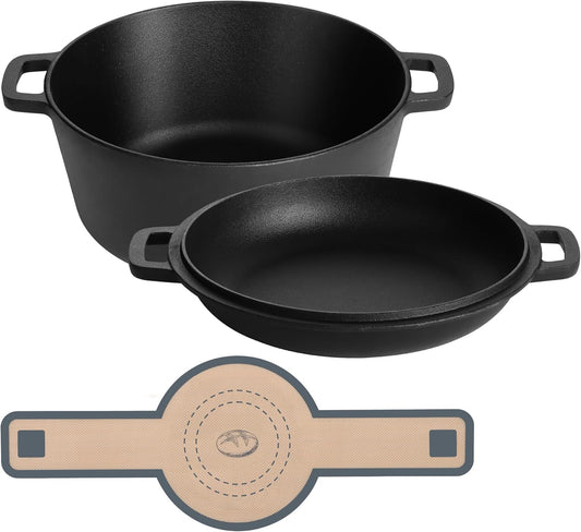 E-far Pre-Seasoned Cast Iron Dutch Oven, 5 Quart 2 in 1 Dutch Oven Pot with Skillet Lid and Silicone Bread Sling, Ideal for Bread Baking, Cooking, Stewing, Frying, Induction & Oven Safe - Black