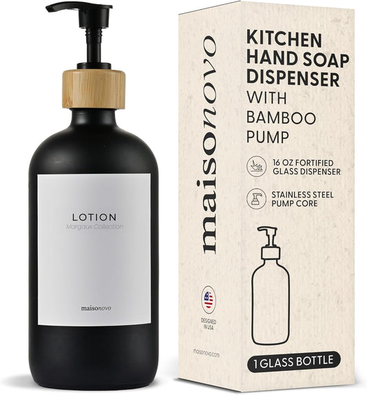 MaisoNovo Glass Hand Soap Dispenser | Dish Soap Dispenser for Kitchen | 16.9oz Black Bottles with Black Bamboo Pump | Bathroom Lotion Dispenser