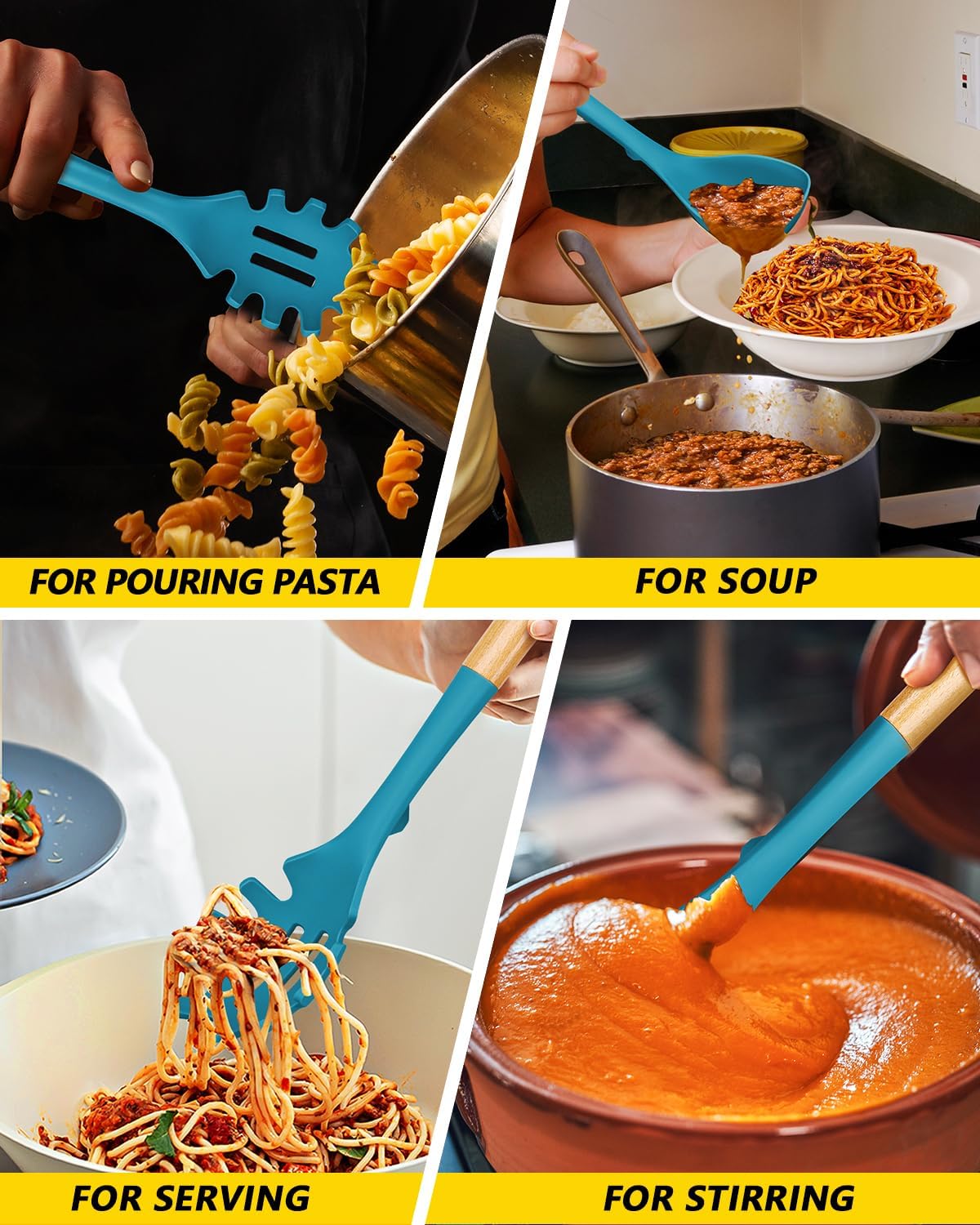 Silicone Soup Ladle and Spaghetti Spoon Set with Wooden Handle, Non Stick Heat Resistant Kitchen Utensils for Cooking, Stirring, Serving Pasta, Soup & Sauce(BLUE)