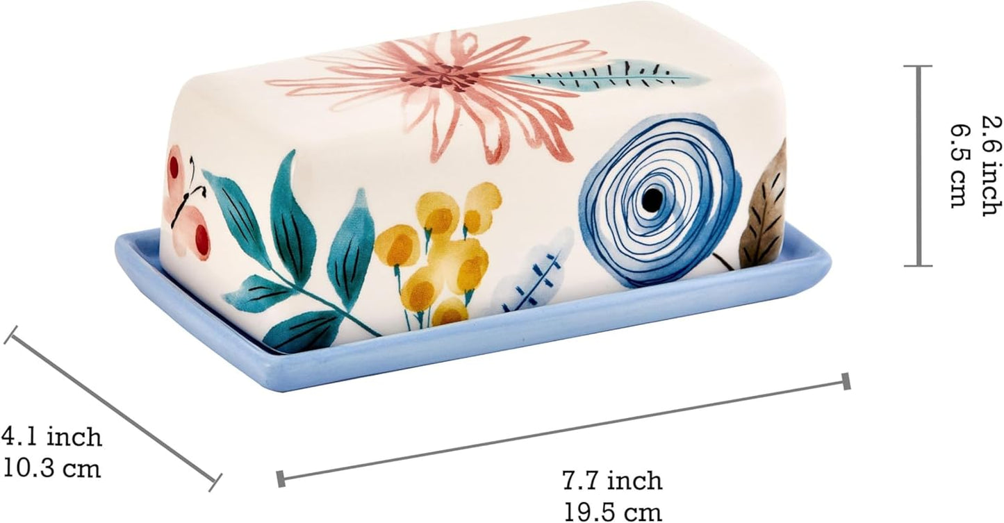 Bico Blossom Symphony Ceramic Butter Dish with Lid, Wide Butter Keeper for Counter, Kitchen Countertop, Microwave and Dishwasher Safe