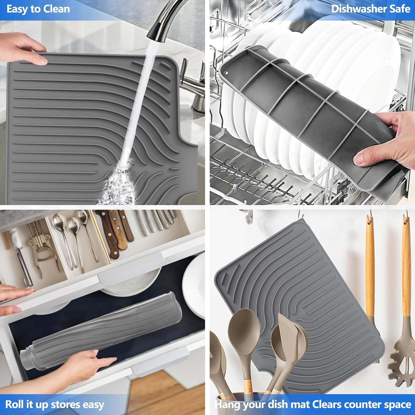 Silicone Dish Drying Mat for Kitchen Counter with Built-in Drain, Easy Clean Pad for Countertop Protection, Fast Self-Draining Slope, Non-Slip, Multiple Use 14.7x10.2 Inch (Grey)