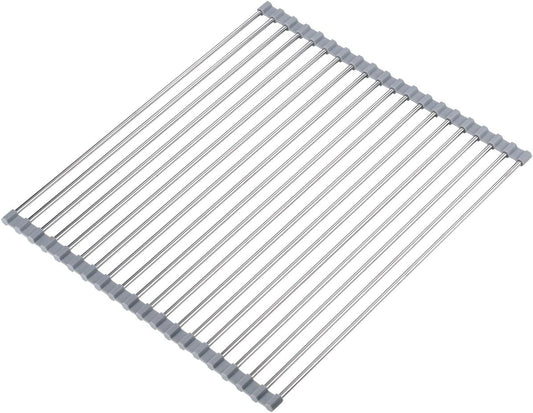 Roll Up Dish Drying Rack Over The Sink 17.7"(L) x 15.6"(W), Multipurpose Foldable Stainless Steel Kitchen Rollable Drainer Rack, Gray