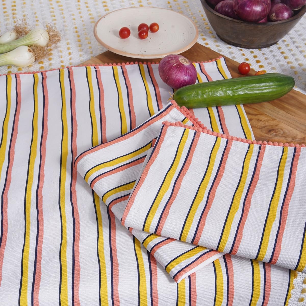 Printed Kitchen Dish Bar and Tea Towels Cotton, 18x28 inch with Trims, Cotton Dish Towel Sets (Yellow Stripes, Set of 6)