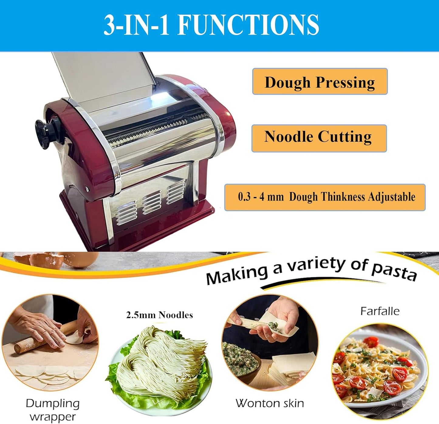XINGYUEXUAN Electric Pasta Maker Noodle Machine with 1 Blades of 2.5 mm Round, 9 Gear Thickness Adjustment 0.3-4 mm for Pasta Noodle Dumpling (red)