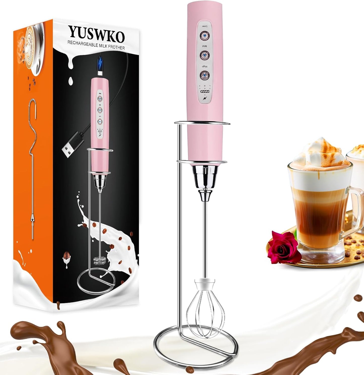 YUSWKO Pink Handheld Milk Frother Wand with Stand for Coffee, Rechargeable Electric Whisk with 3 Heads 3 Speeds Drink Mixer Coffee Frother For Latte, Cappuccino, Hot Chocolate, Egg
