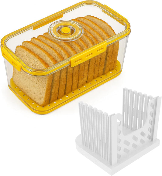 Bread Box and Slicer,Breades Slicer with Box, Large Breads Box Airtight with Lid and Time Recording Function, Bread Container for Homemade Bread, Cookies, Bagel, Donut and Toast(yellow)