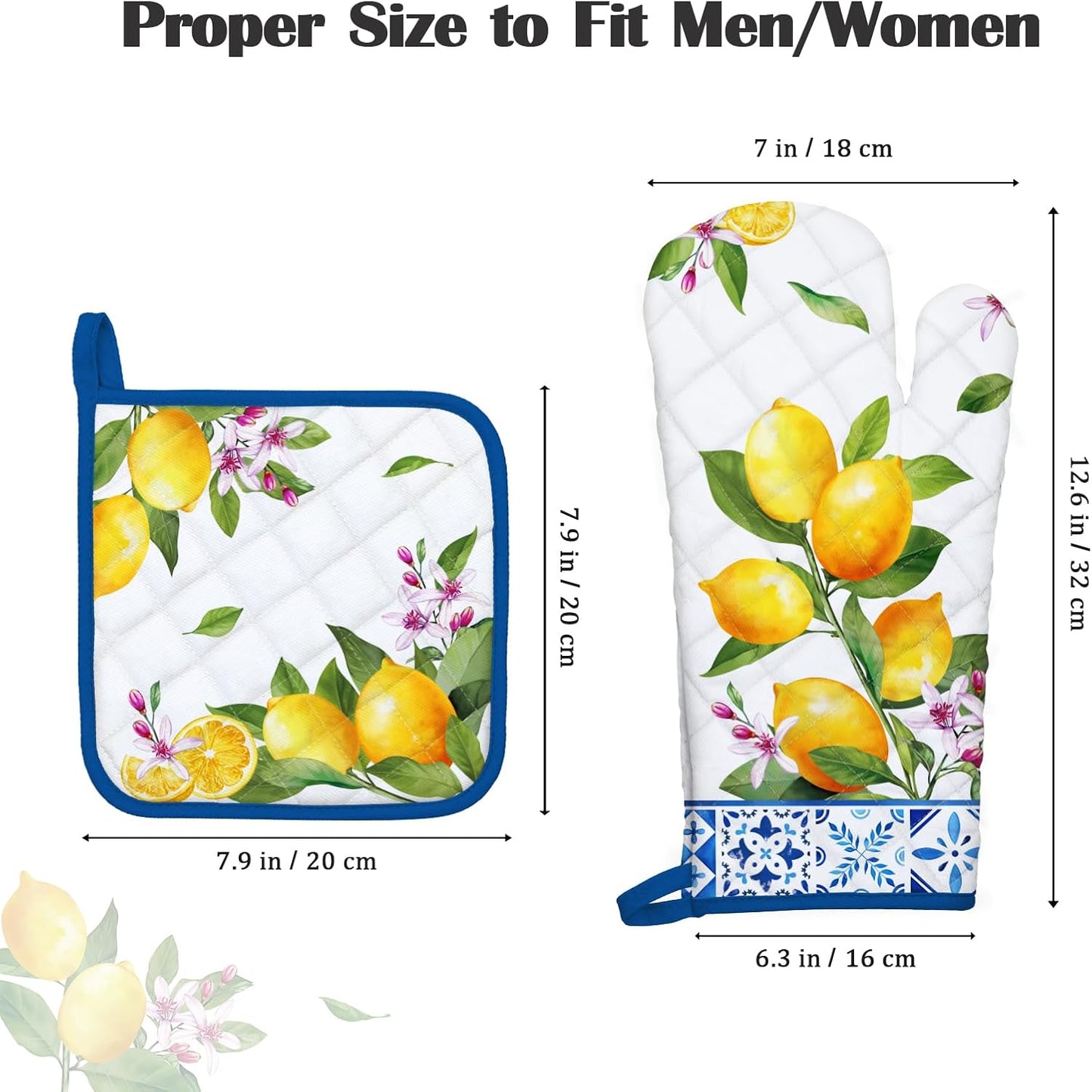 Summer Lemon Oven Mitts and Pot Holders Sets 2Pcs, 100% Cotton Heat Resistant, Extra Long Oven Gloves Potholder for Kitchen Cooking Baking Decoration