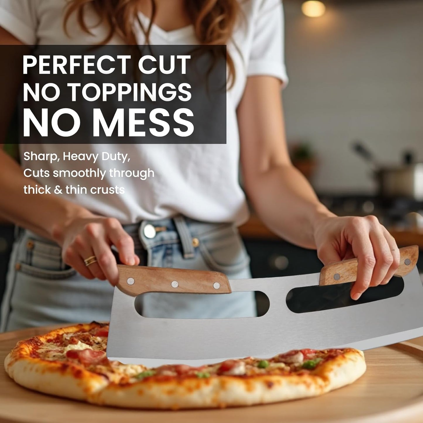 SCHVUBENR 14'' Pizza Cutter Rocker with Wooden Handles - Sharp Stainless Steel Pizza Slicer with Comfort Cover - Large Pizza Knife Cutter Wheel - Easy to Use & Clean - Slice Pizza with Ease