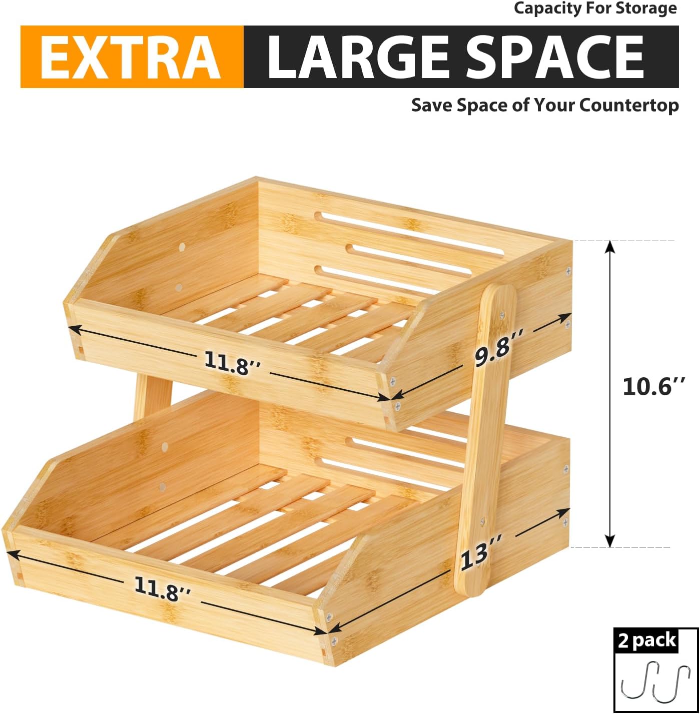 Bamboo Fruit Basket for Kitchen–2 Tier Fruit Bowl For Kitchen Counter, Large Fruit Holder With 2 Banana Hangers, Idea For Fruit and Vegetable Storage, Bread Basket, Snack Organizer(BAMBOO)