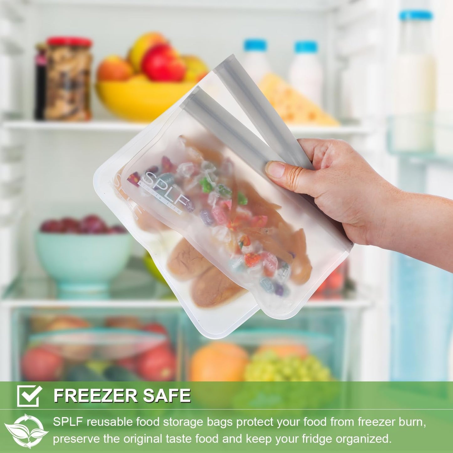 SPLF 10 Pack Reusable Sandwich Bags Dishwasher Safe, Reusable Quart Freezer Bags, Extra Thick Leakproof Food Storage Bags Silicone and Plastic Free for Marinate Meats, Cereal, Lunch, Travel Items Gray