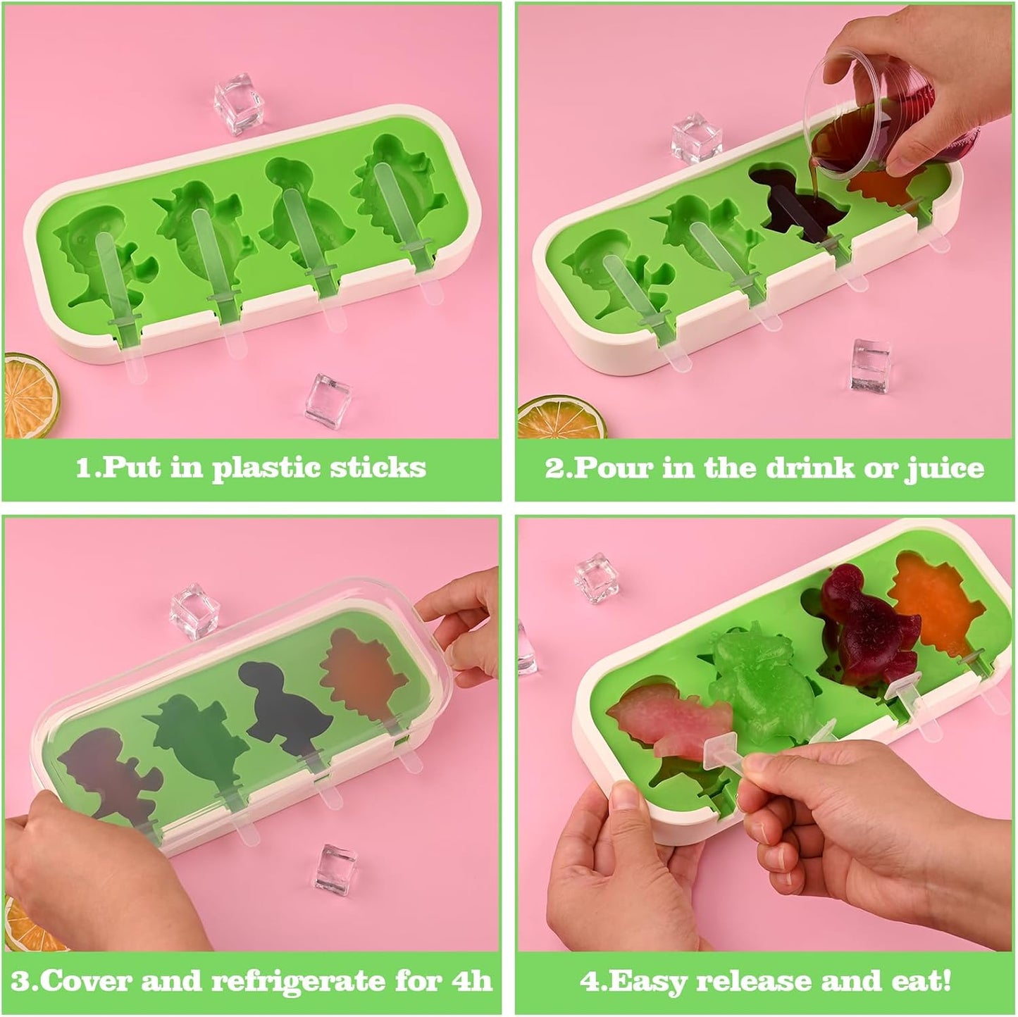 Sakolla 2 Pack Silicone Popsicle Molds with Sticks & Lid, 4-Cavity Mini Popsicle Molds for Kids - Cars, Ships, Train, Rocket and Dino Shapes (Green & Blue)