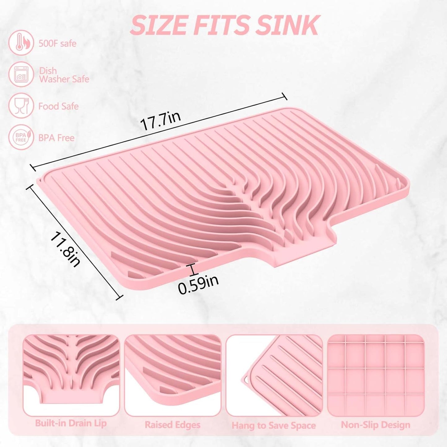 Silicone Dish Drying Mat for Kitchen Counter with Built-in Drain, Easy Clean Pad for Countertop Protection, Fast Self-Draining Slope, Non-Slip, Multiple Use 17.7 x 11.8 Inch (Pink)