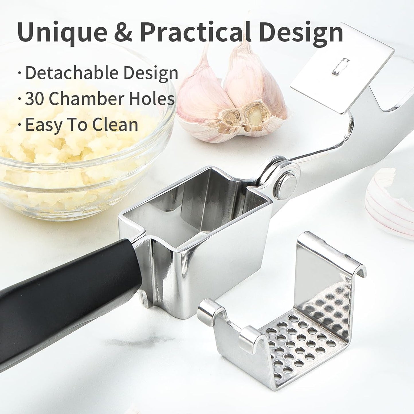 Garlic Press Stainless Steel, Professional Manual Garlic Mincer Garlic Crusher for Kitchen Use, Easy to Squeeze and Clean, Rust Proof and Dishwasher Safe, 8.26-Inch, Black
