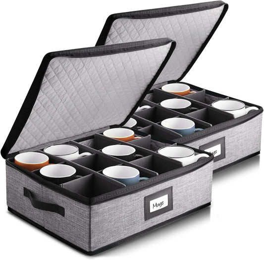 Coffee Mug Storage, 2 Pack Quilted and Stackable Coffee Cup Storage Organizer for Service of 24, Mug Storage Box with Dividers, China Containers Hard Shell for Moving and Organization, Grey