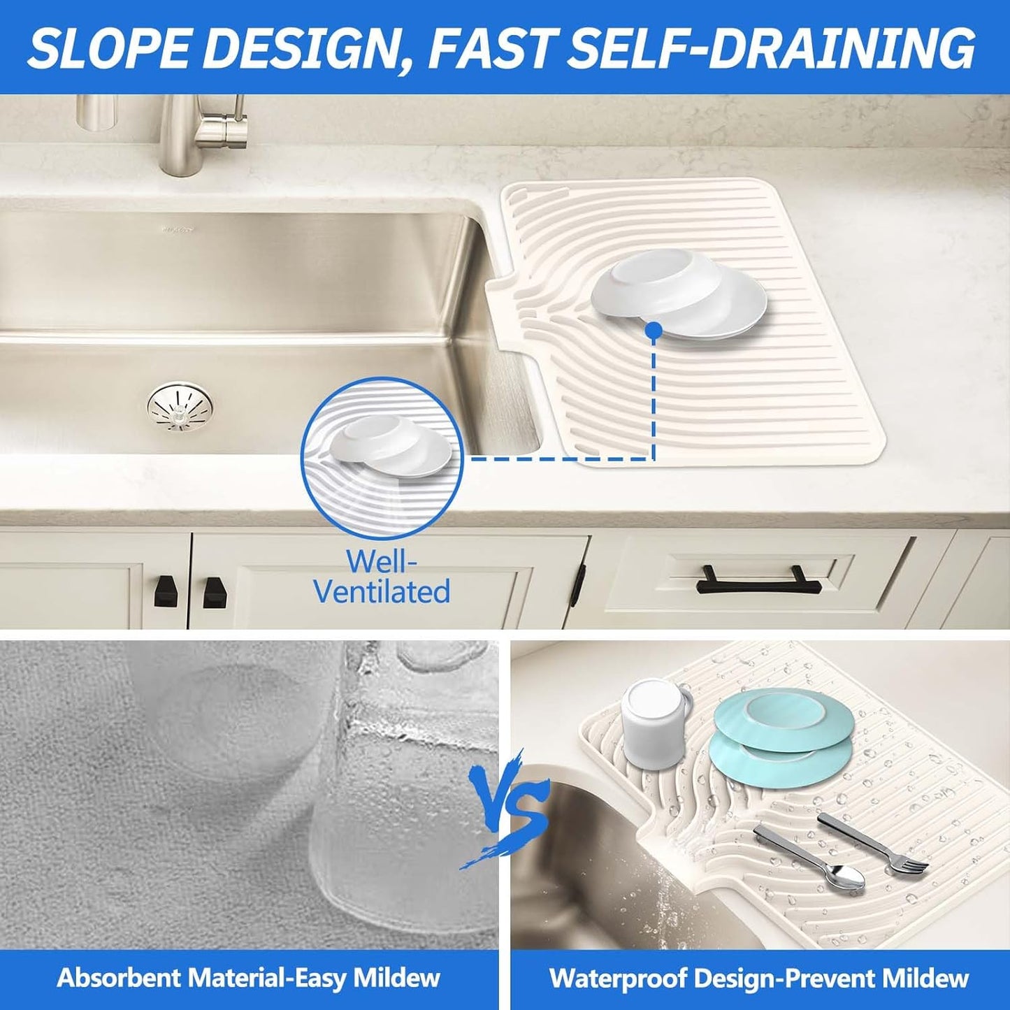 Silicone Dish Drying Mat for Kitchen Counter with Built-in Drain, Easy Clean Pad for Countertop Protection, Fast Self-Draining Slope, Non-Slip, Multiple Use 17.7 x 11.8 Inch ( Cassava White)