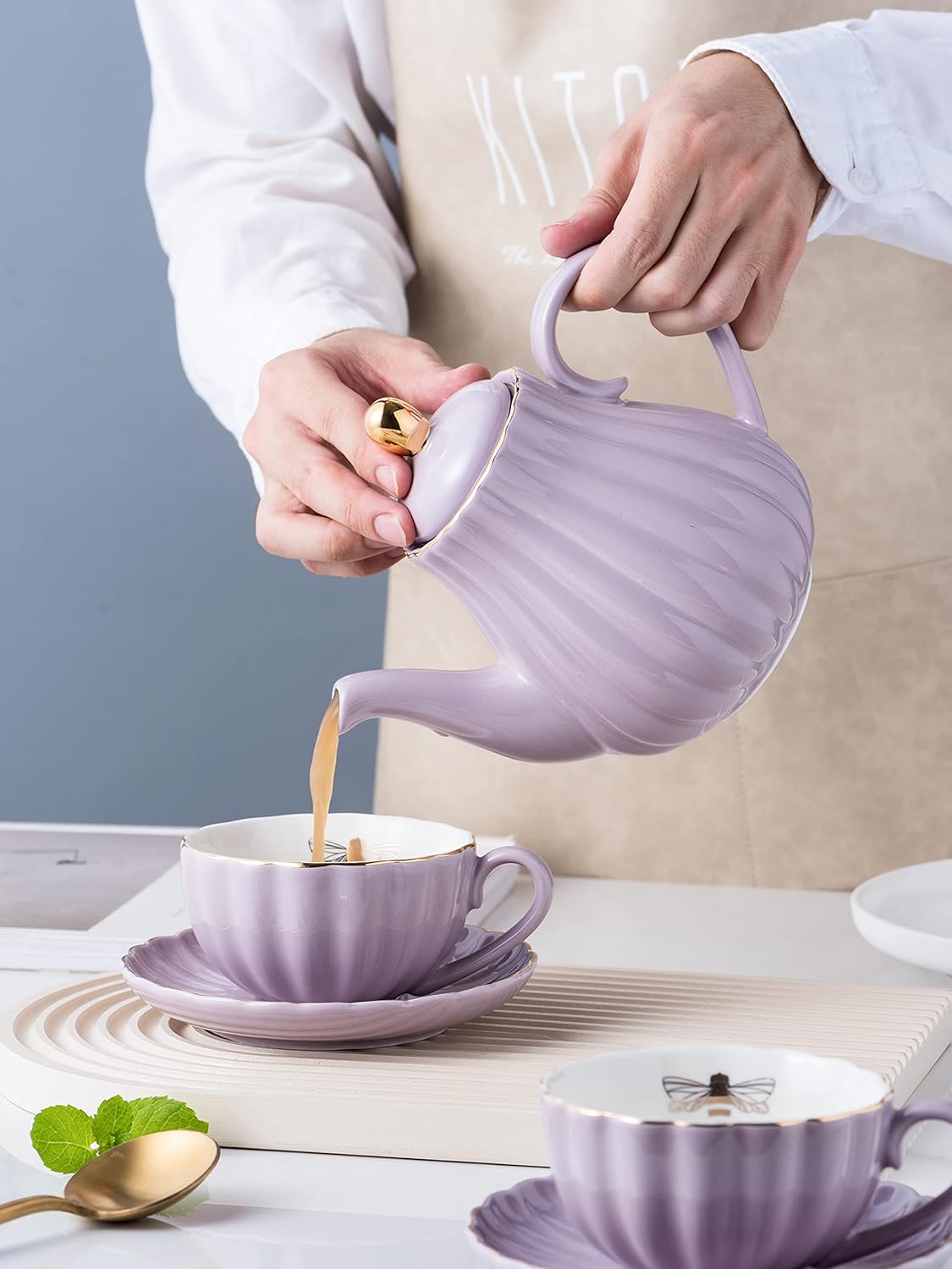 Jusalpha Fine China Pink Teapot and Creamer Sugar Bowl Set, TW (Purple)