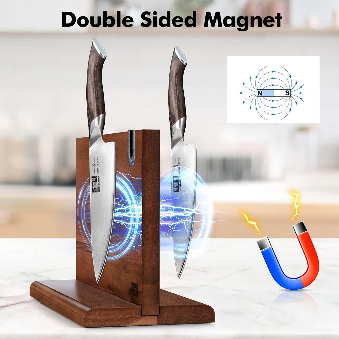 Magnetic Knife Block 14 x 10 Inches, Double Sided Magnetic Knife Holder Rack for Kitchen Counter, Acacia Wood Magnetic Knife Storage Stand with Knife Sharpener