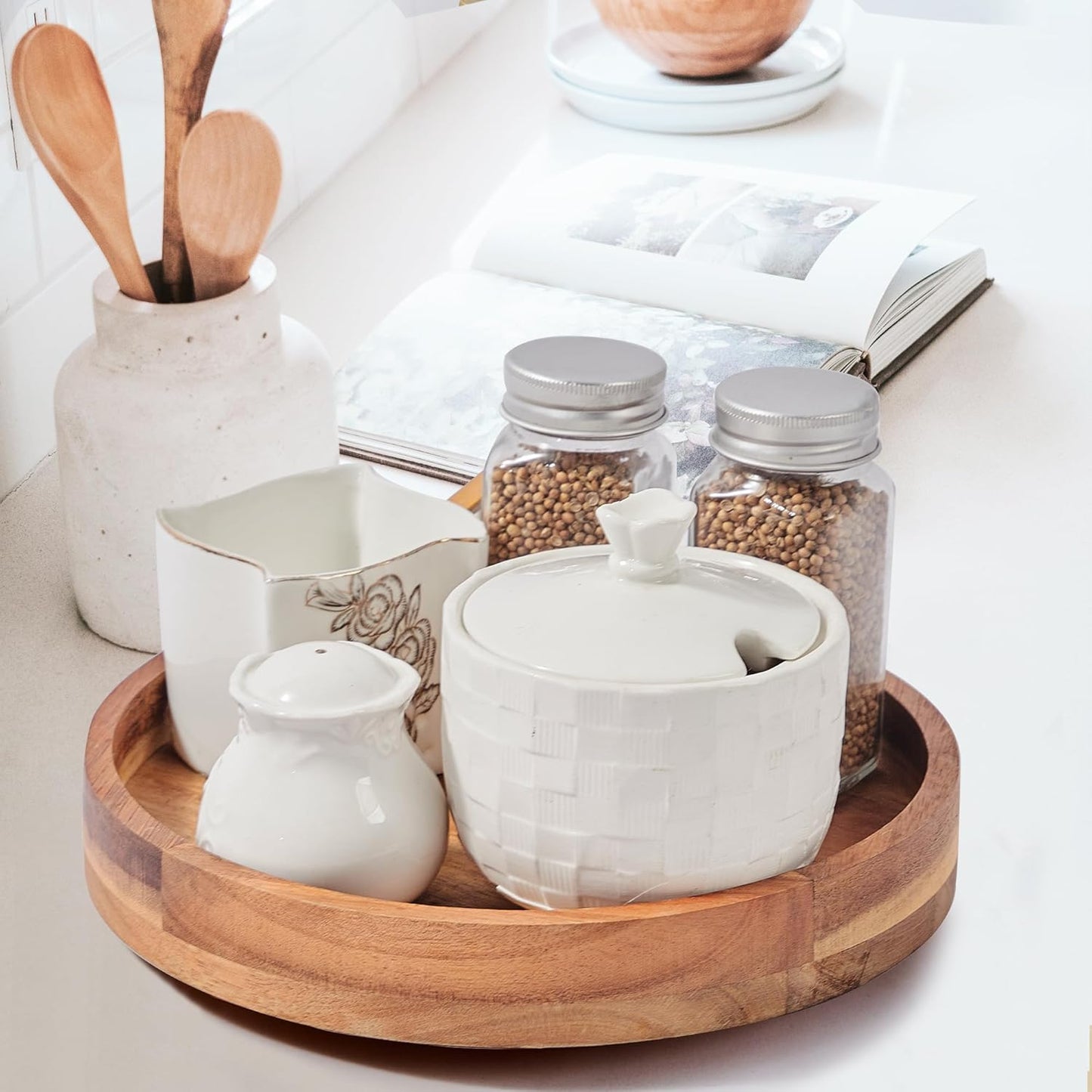 9 Inch Acacia Wood Lazy Susan Organizer for Cabinet, Lazy Susan Turntable for Countertop Table Pantry, Kitchen Turntable Storege Container