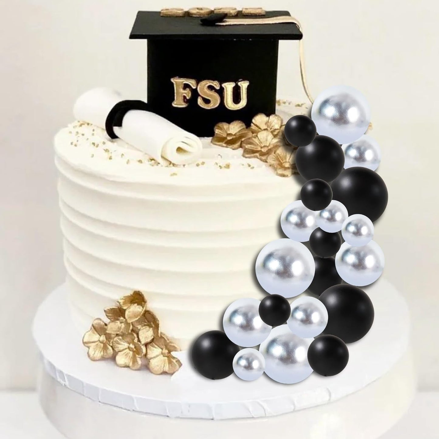 BEISHIDA 40 Pcs Ball Cake Toppers Mini Balls Cake Decorations Black Silver Foam Balls Sticks DIY Cake Topper for Baking Congrats Grade 2025 Graduation Birthday Retirement(Black Silver)