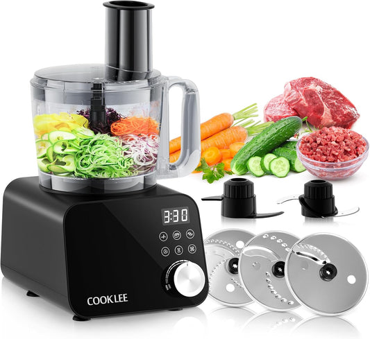 COOKLEE Food Processor, 600 Watts, 6 Functions Electric Food Chopper for Chopping, Mincing, Dicing, Shredding, Slicing, Purees & Dough with 12cup Processor Bowl, Food Chute & Pusher, Black