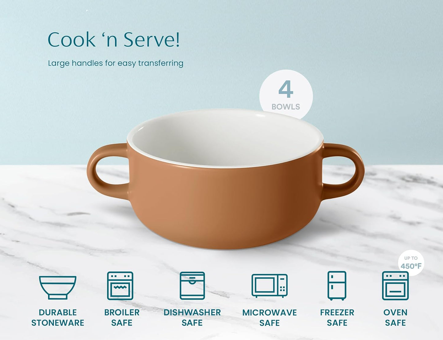 Kook Soup Crocks, Ceramic Bowls, Broil, Oven, Microwave and Dishwasher Safe, with Handles, For Casserole, Pasta, Cereal, 18 oz, Set of 4 (Caramel)