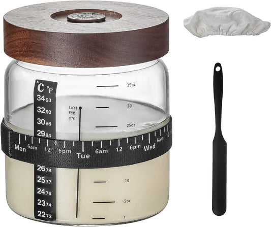 Wissy&Konny Sourdough Starter Jar，Wood Sealed Lid with Automatic Exhaust,35OZ with Ounce Scale Line,Date Marked Feeding Band, Thermometer, Sourdough Jar Scraper,Wide Mouth for Sourdough Bread Baking