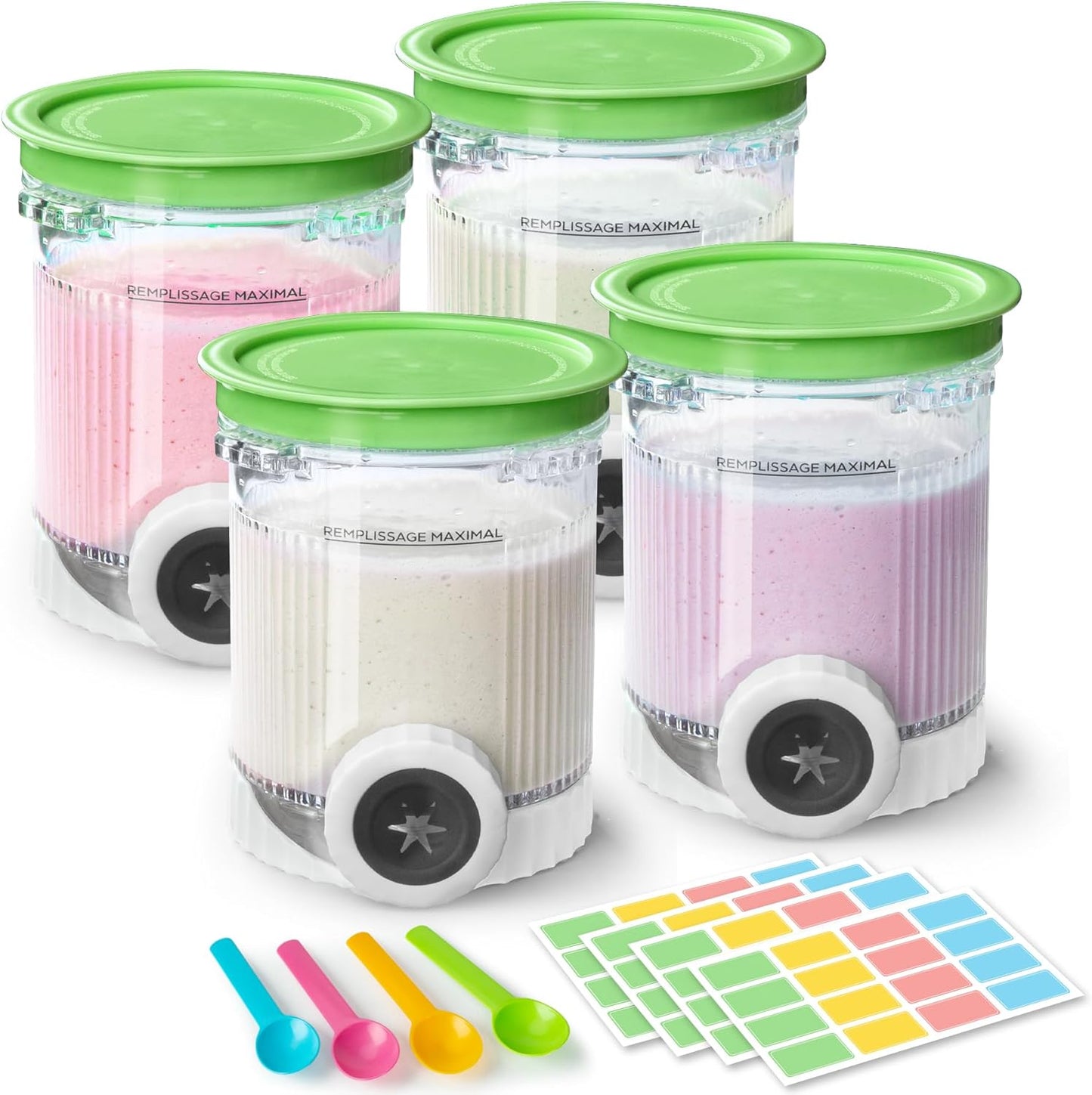 4 Pack Creami Swirl Pints & Lids for Ninja, Compatible with NC700 Series Ninja Swirl Ice Cream & Soft Serve Makers, with 4 Spoons & 64 Writable Labels, BPA-Free & Dishwasher Safe, Green Lids