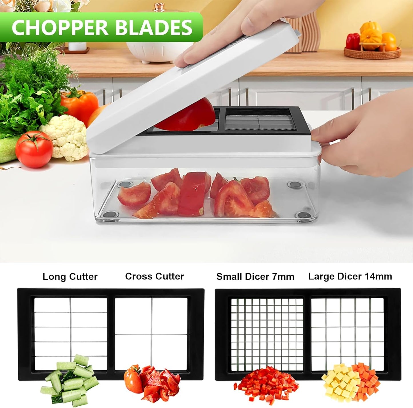 Vegetable Chopper, Onion Chopper Dicer, Mandoline Slicer, Food Chopper with Container, Vegetable Cutter for Salad Potato Carrot Garlic（9 Blades, White Black）