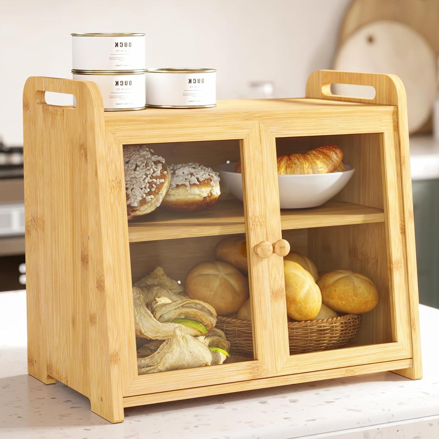 AMBIRD Bamboo Bread Box 20L Large Capacity with Clear Acrylic Doors - Double Layer Food-Safe Bread Storage with Air Vents and Side Handles - Keep Bread Fresh and Counter Clutter-Free