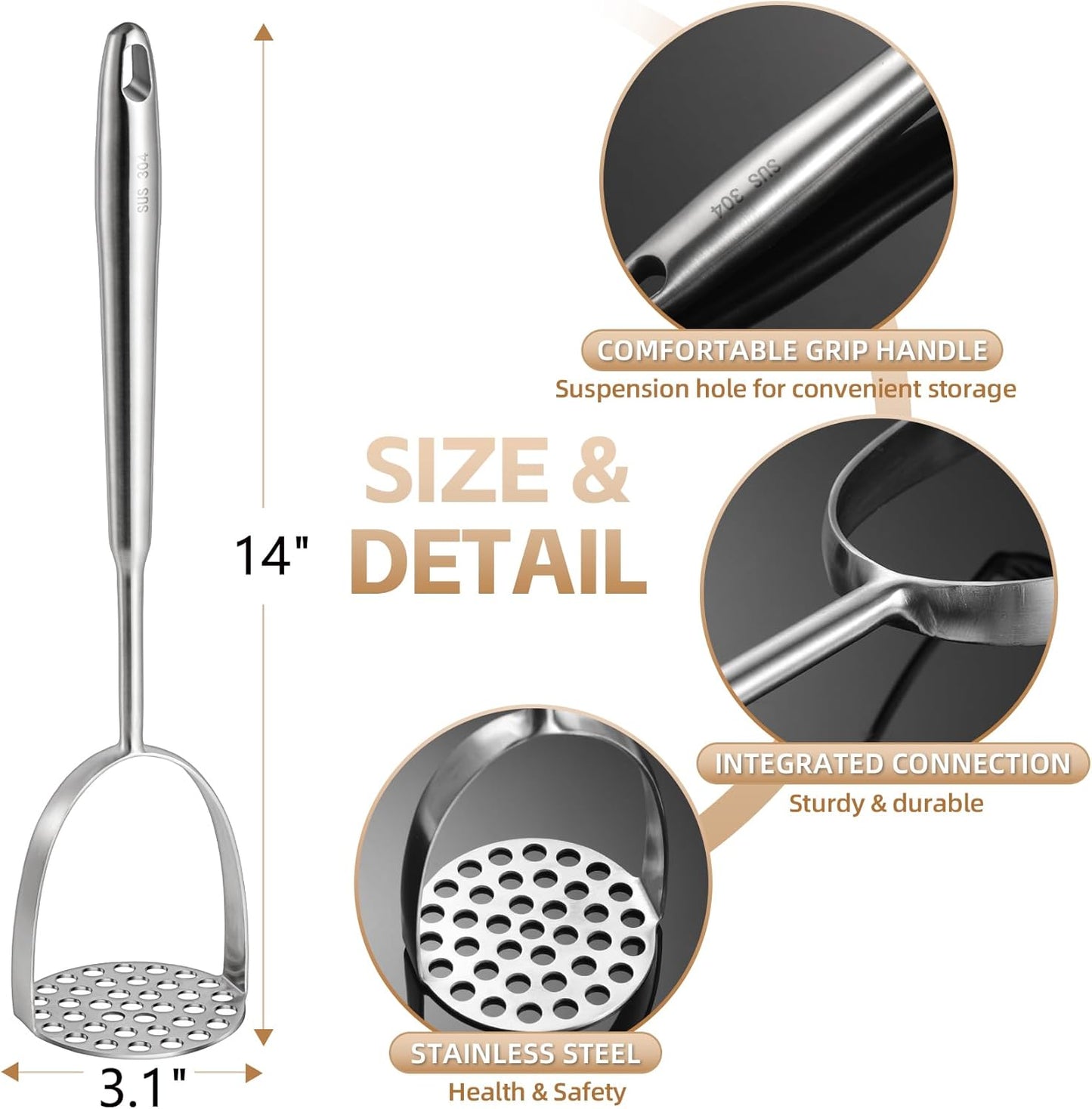 Potato Masher Stainless Steel,14Inch Long handle Potato Smasher, Mashed Potatoes Masher Kitchen Tool for Avocado,Potatoes, Beans, Vegetables, Large Heavy Duty Metal Mashing Utensil