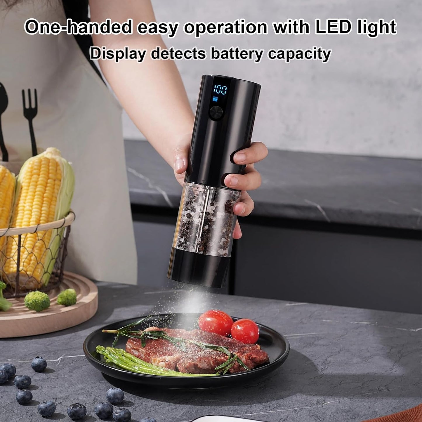 Fresh World 2Pack Electric Salt and Pepper Grinder Set Rechargeable with LED Light, Adjustable Coarseness Large Capacity Automatic Salt Pepper Mill Grinder for Kitchen, Restaurant, Outdoor, Black