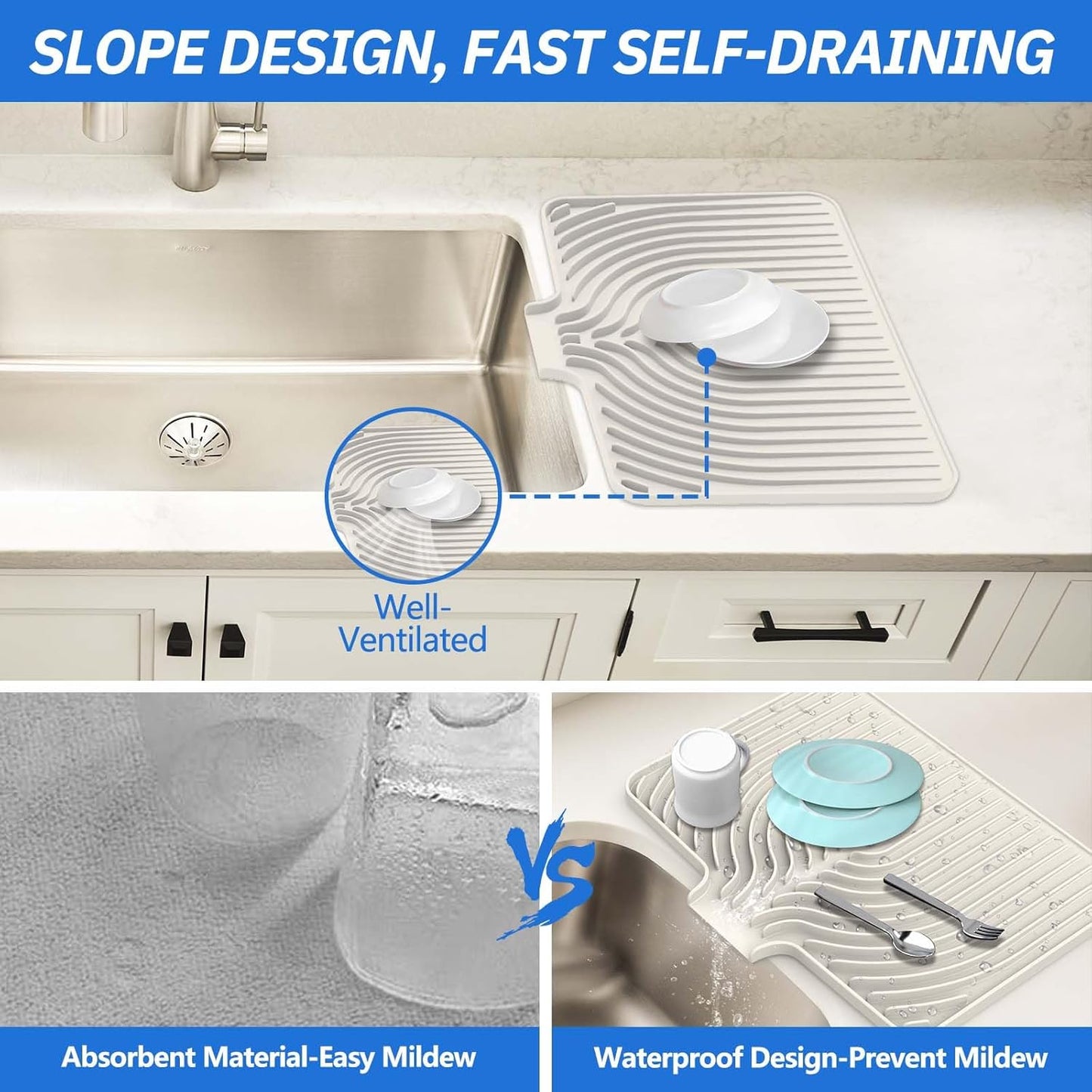 Silicone Dish Drying Mat for Kitchen Counter with Built-in Drain, Easy Clean Pad for Countertop Protection, Fast Self-Draining Slope, Non-Slip, Multiple Use 17.7 x 11.8 Inch ( Tapioca)