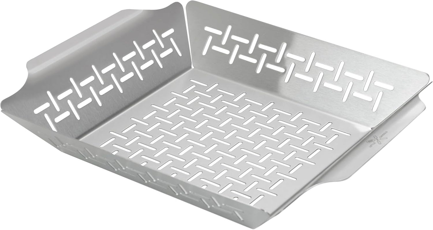 LITTLE GRIDDLE GT-525 Grill Pan and Grill Basket Set, High Sidewalls with Built-in Handles, Stainless Steel & Vented Design - Silver