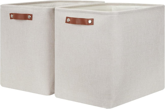 HNZIGE Collapsible Canvas Linen Storage Basket, Set of 2, Large Fabric Cloth Baskets, Rectangular Shelf Baskets with Leather Handles, Organizing Storage Baskets for Storage Closet, Home, Office(Gream)