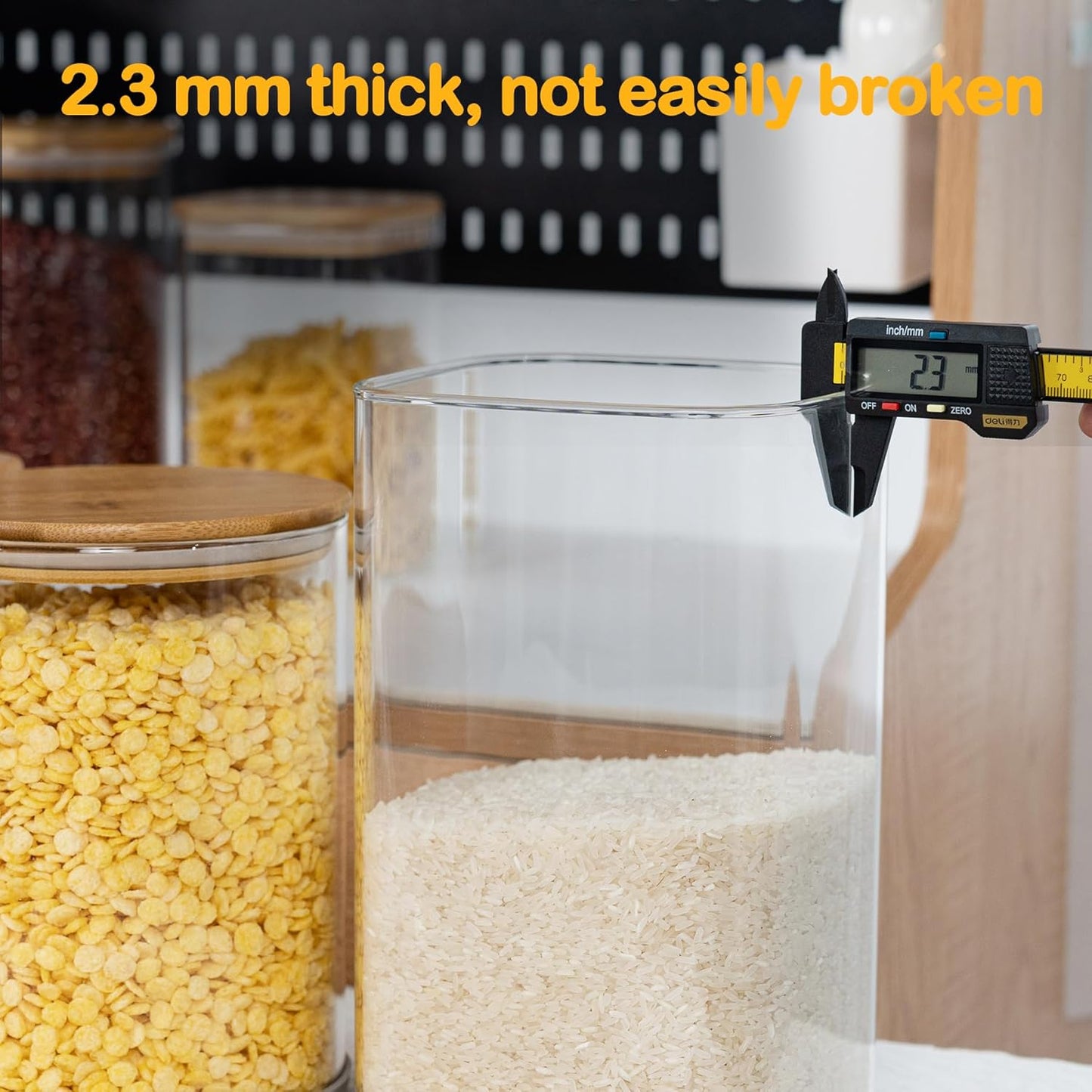 122oz Airtight Glass Square Storage Canister with Bamboo Lid Set of 1 (3600ml) Gallon Glass Jars Large Kitchen Canister for Sugar, Flour, Cookies and Coffee beans (‎with Black Lable)