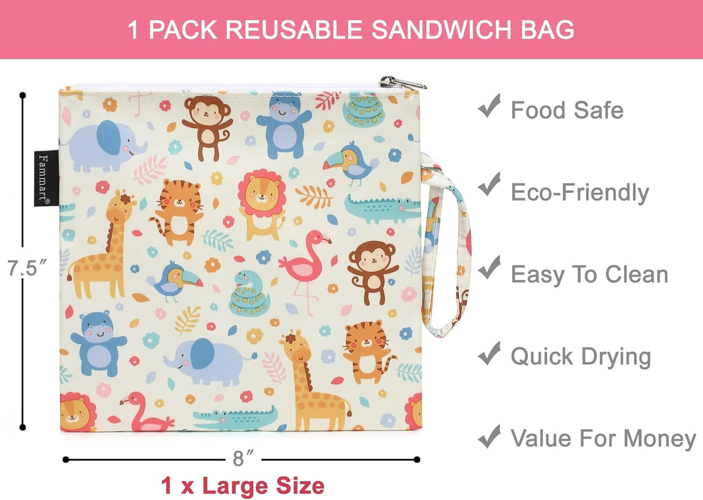 Reusable Sandwich Bag/Snack Bag for Kids & Adults, Dual Layer Lunch Bag with Handle, Washable, Food Safe, BPA Free (1-Pack, Zoo)