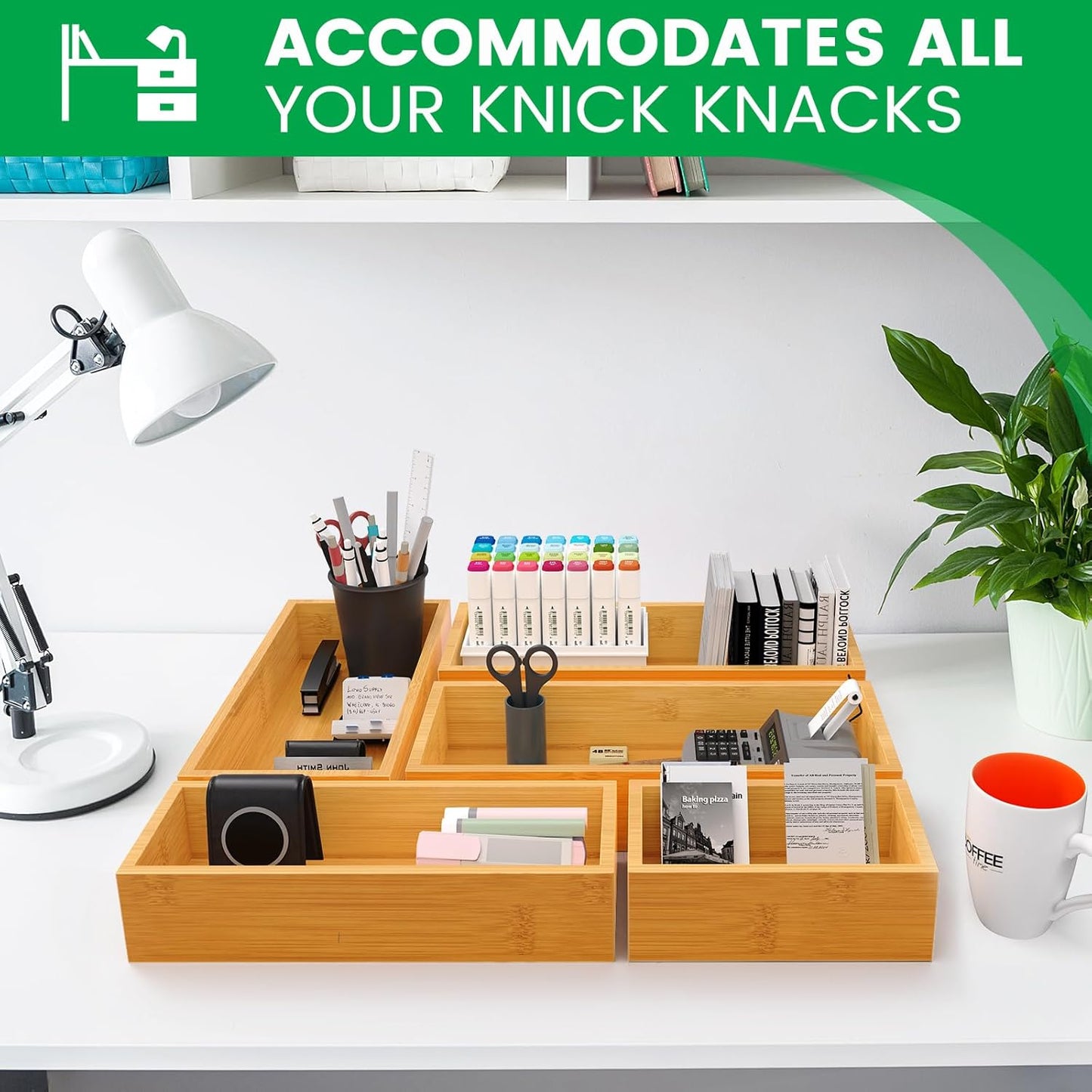 Bamboo Drawer Organizer Set, 5-Piece Storage Trays for Kitchen, Bathroom, Office Desk, Makeup & Junk Drawers,Utensils