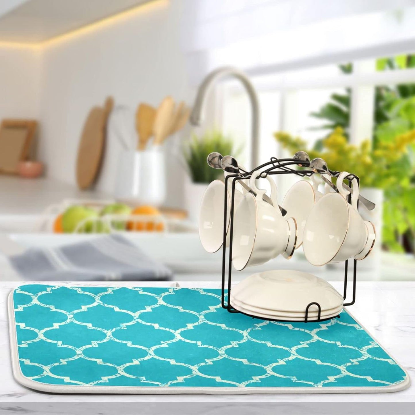 senya Super Absorbent Dish Drying Mat, Microfiber Fast-Drying Dish Mat, 24'' x 18'', Kitchen Dish Drying Pad, Beautiful Grunge White Morrocan Trellis