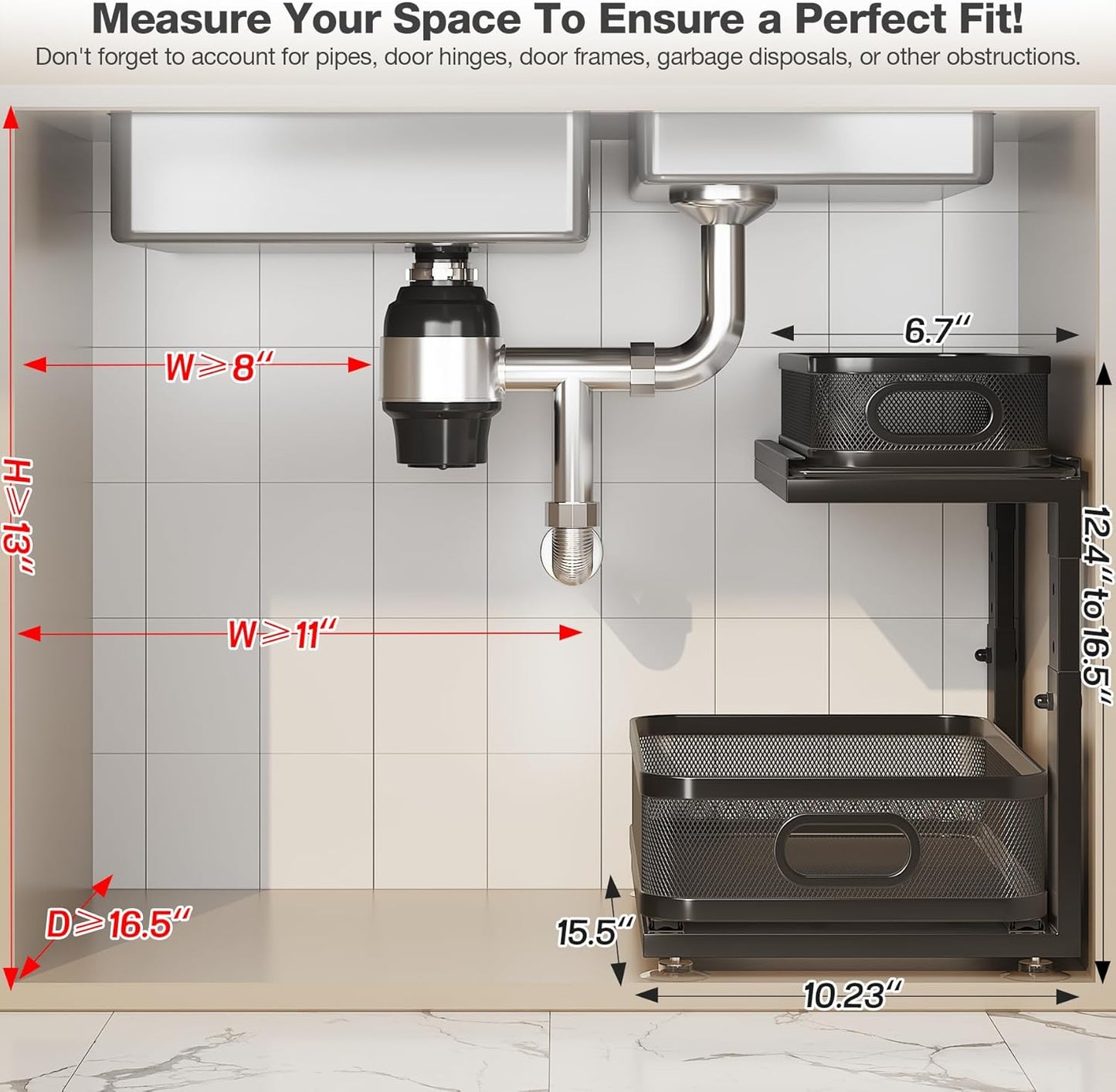 2 Pack Under Sink Organizer With Next-Gen Ball-Bearing Slides,2-Tier Precision Mesh Pull Out Cabinet Shelf Storage for Bathroom&Kitchen,Slide Out Drawers Height Adjustable,Rust-resistant