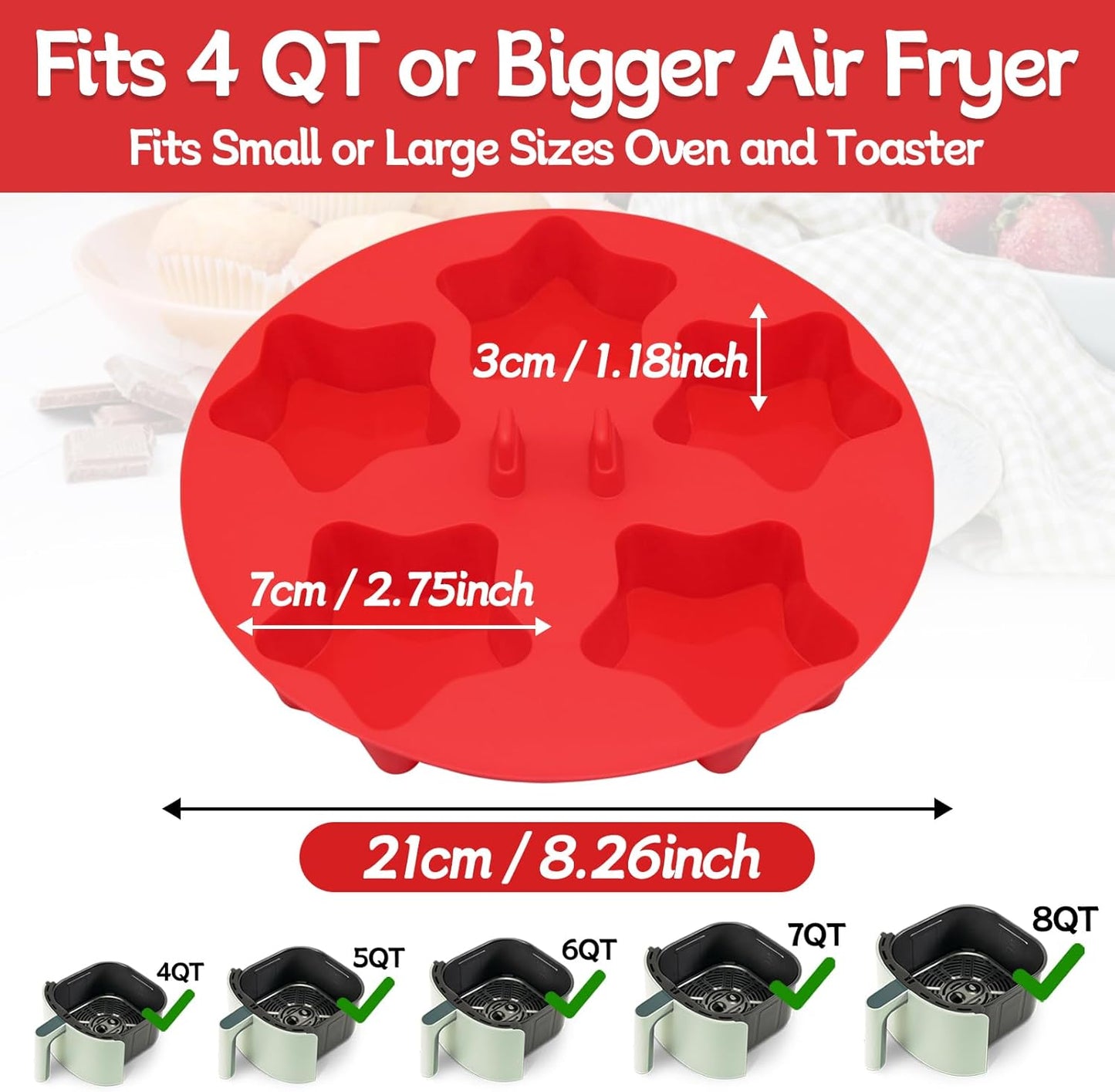 Silicone Air Fryer Muffin Pan for Baking with Star Shape 1Pcs, Non Stick Silicone Cupcake Pans 5 Cups Egg Bites Mold, Muffin Tins for Oven Instant Pot Toaster Dishwasher