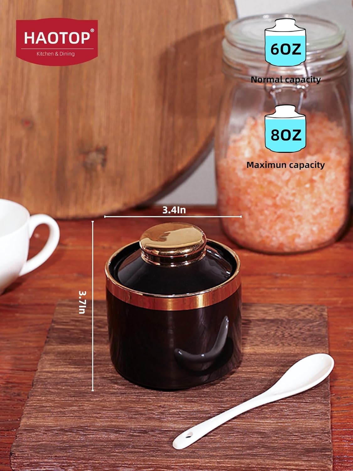 HAOTOP 8 oz Sugar Bowl with Lid and Spoon, Simple Ceramic Sugar Jar Sugar Dispenser Sugar Container Coffee Bar Accessories, Modern Kitchen Countertop Canisters, Black