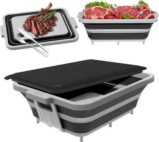 Collapsible BBQ Prep Tub with Lid — 2 Gal (8 L) Foldable Camping Sink & Colander, 4-in-1 Marinating Tub, Cutting Board, Serving Tray & Drink Chiller for Picnic, BBQ & Outdoor