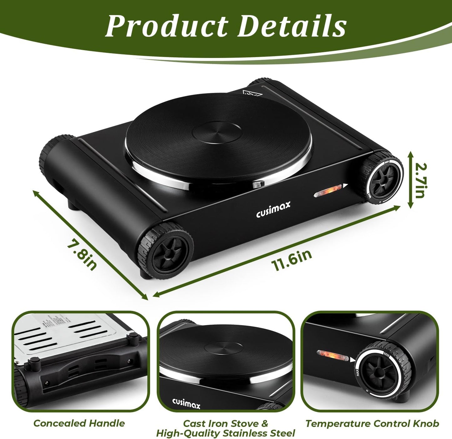 Cusimax Hot Plate,1500W Hot Plate Electric with 7.4″Cast Iron Countertop Single Burner,Electric Stove Top Burner for Cooking,Temperature Controls,Black