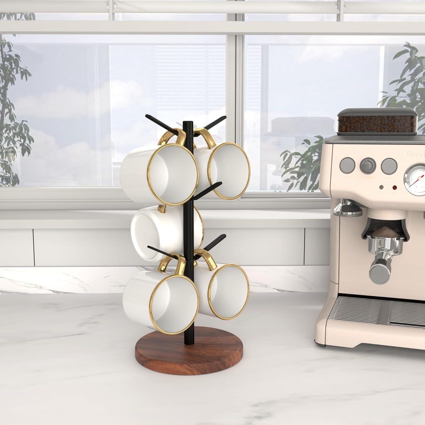 Coffee Mug Tree Holder Countertop, Non-Slip Walnut Wood Mug Rack with 6 Hooks, Coffee Cup Rack for Home Storage and Organizer (Brown)