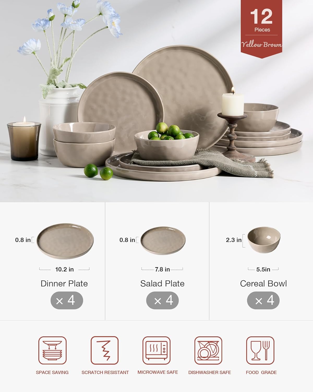 Famiware Mars Plates and Bowls Set, 12 Pieces Dinnerware Sets, Dishes Set for 4, Cinnamon Brown