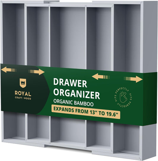 ROYAL CRAFT WOOD Luxury Bamboo Kitchen Drawer Organizer - Silverware Organizer - Utensil Holder and Cutlery Tray with Grooved Drawer Dividers for Flatware and Kitchen Utensils (5 Slot, Gray)